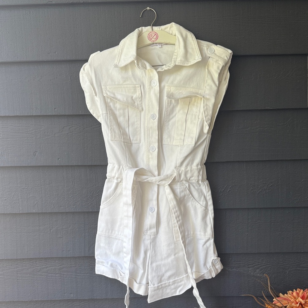 Olivaceous Ivory Button-Up Romper with Tie Belt